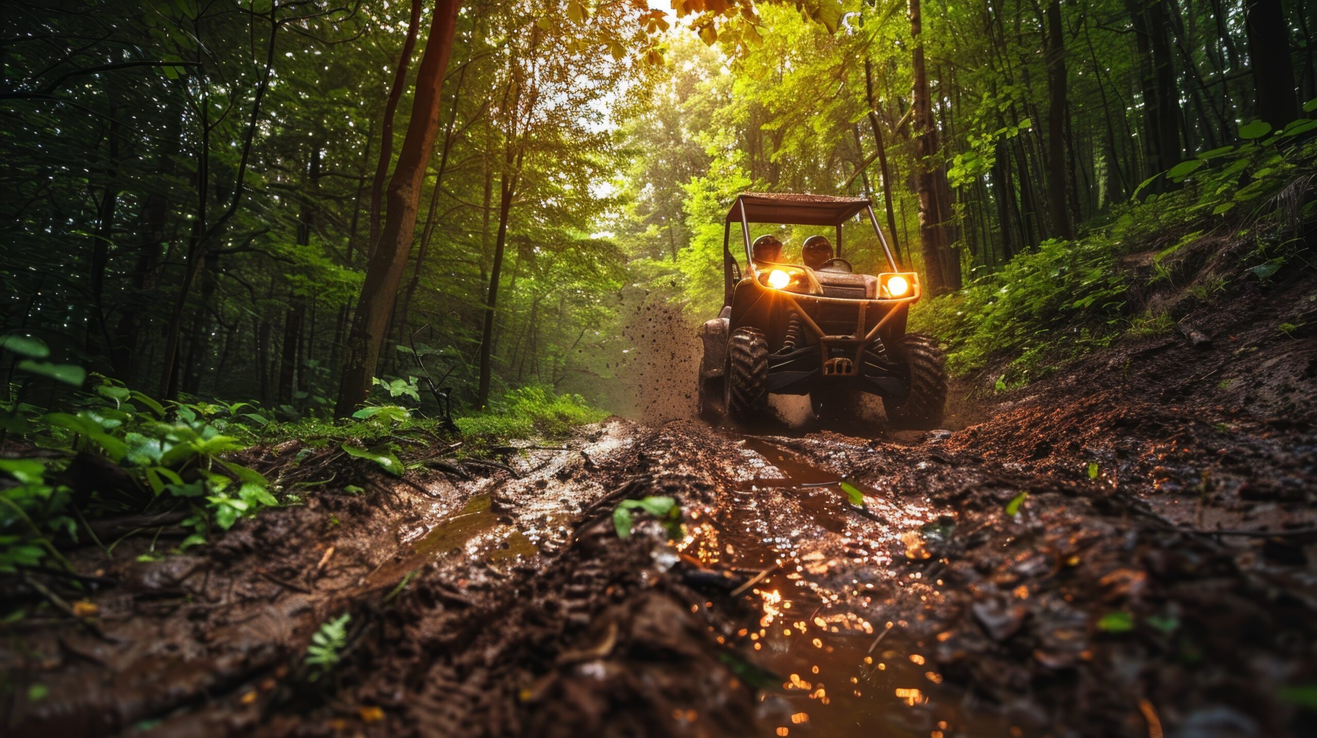 ATV climbing a steep, muddy hill in a forest, leaves and mud flying, intense adventure, vibrant greenery
