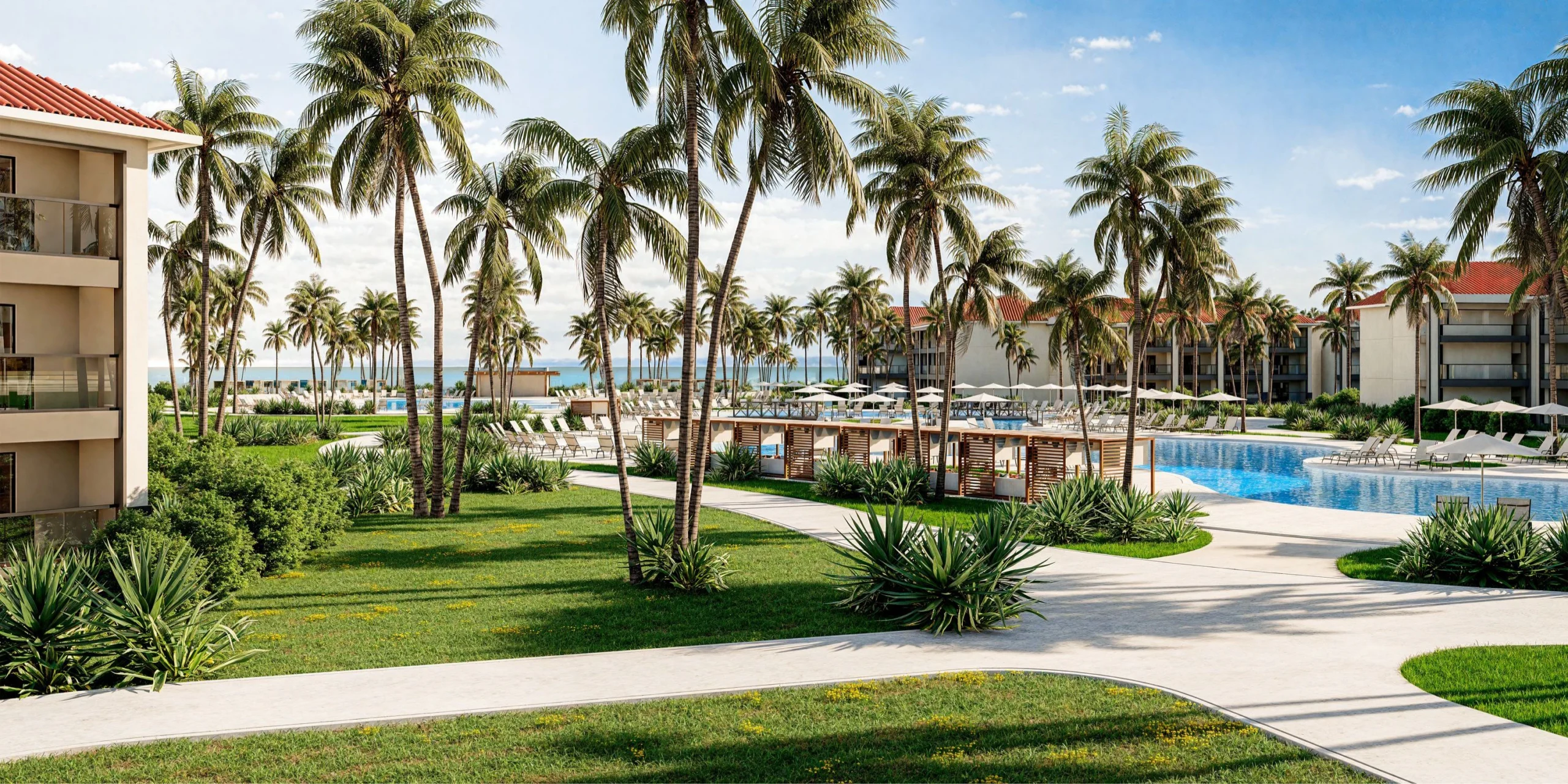 Resort pool island surrounded by water with lounge seating at Hyatt Vivid Punta Cana.