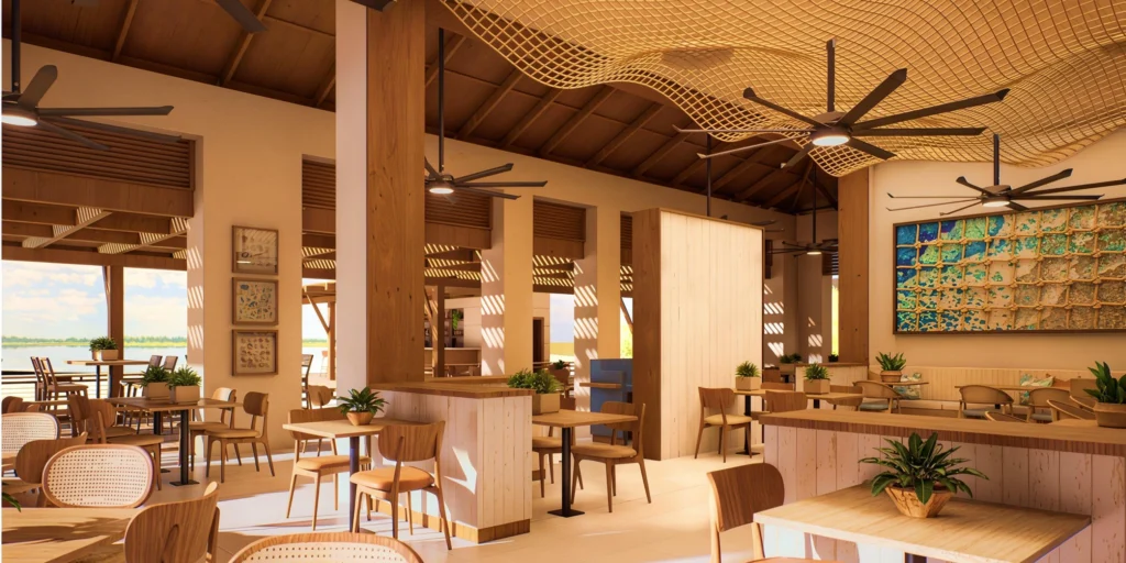 Open-air Terramar Restaurant with wooden décor and ocean views at Hyatt Vivid Punta Cana.
