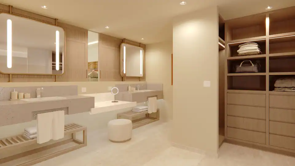 Grand Presidential Suite luxury bathroom with double vanity and walk-in wardrobe at Hyatt Zilara Cancun.