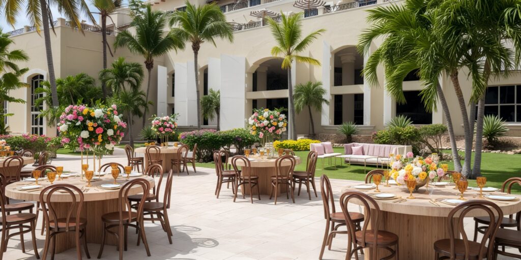 Central patio wedding reception setup with round tables and floral centerpieces at Hyatt Zilara Riviera Maya