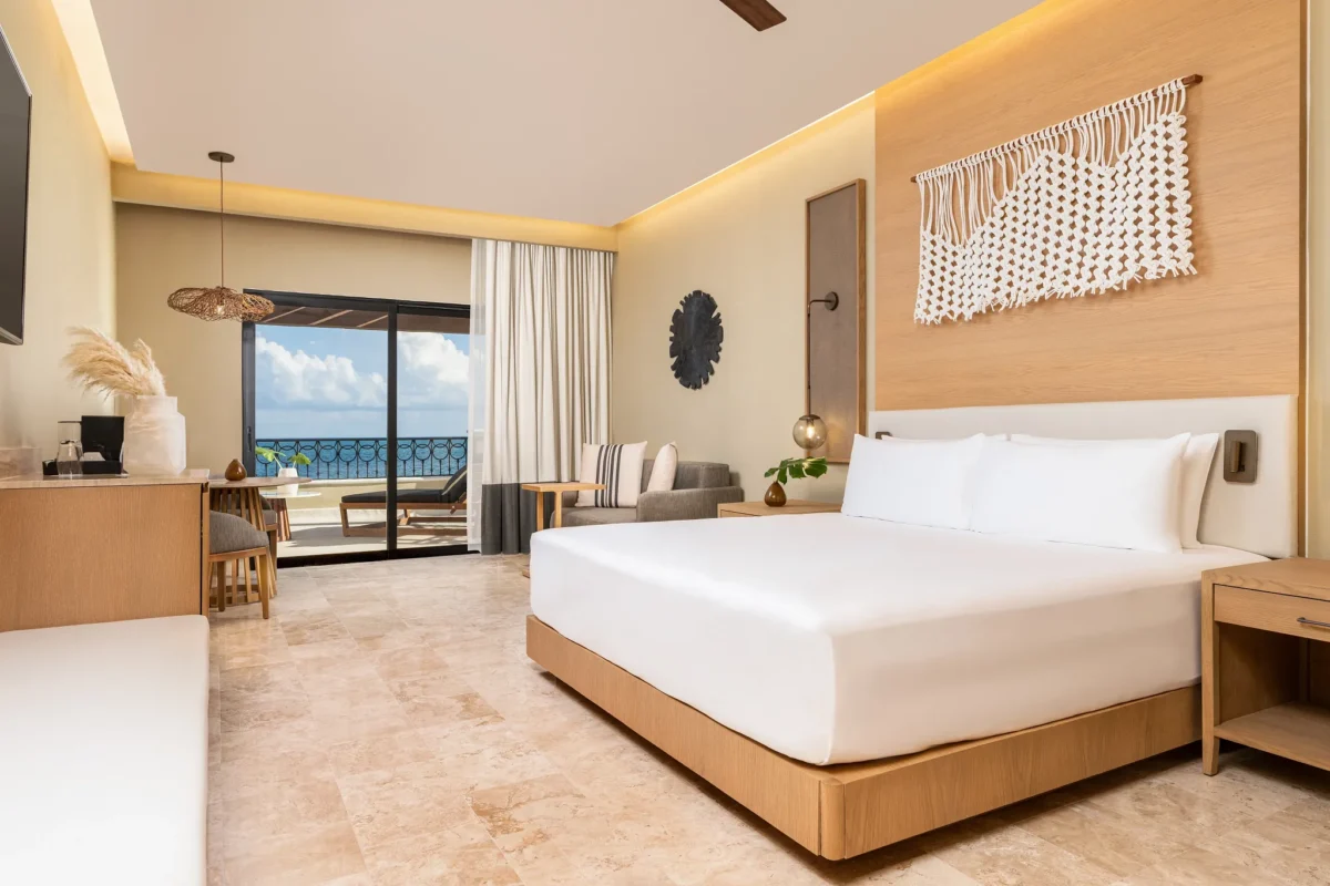 Club Level Junior Suite Oceanfront King with private balcony and ocean view at Hyatt Zilara Riviera Maya.