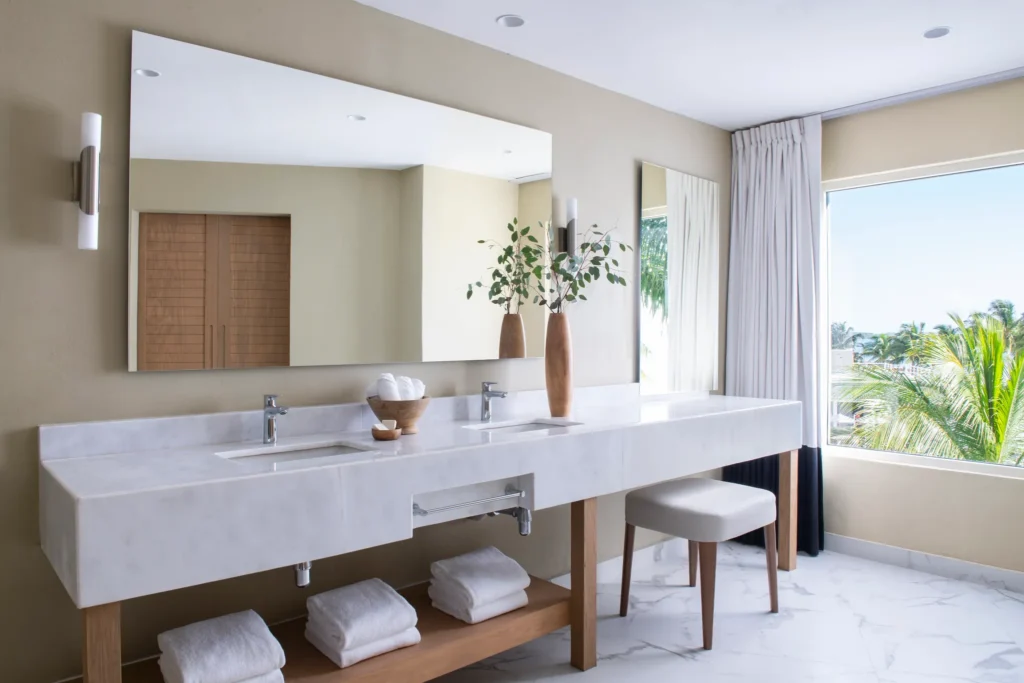 Club Level Presidential Suite King bathroom with double vanity and large mirror at Hyatt Zilara Riviera Maya.