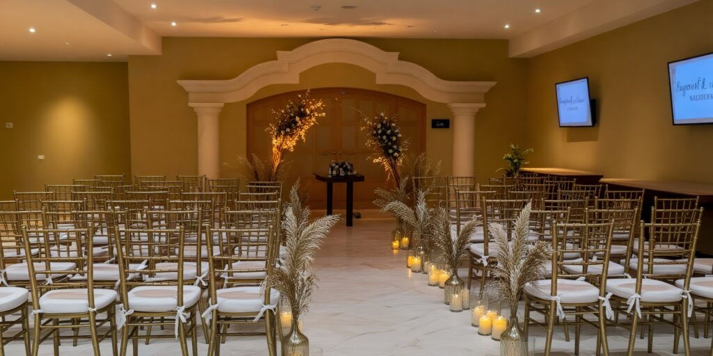 Jade Ballroom indoor wedding ceremony setup with aisle décor and chairs at Hyatt Zilara Riviera Maya