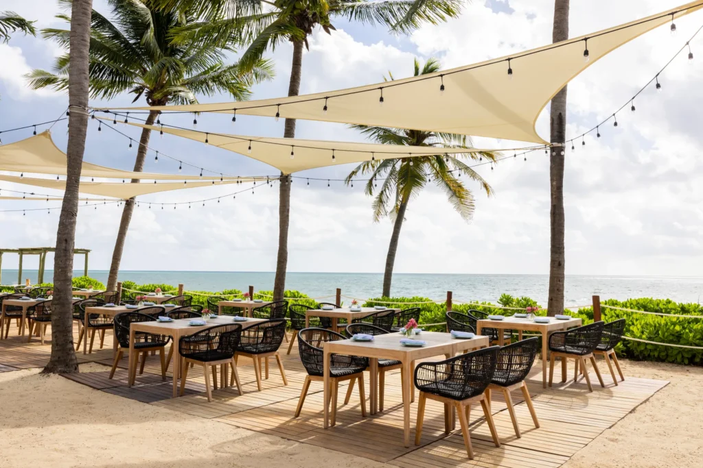 Lola Beach restaurant at Hyatt Zilara Riviera Maya featuring oceanfront dining under shade sails, palm trees, and elegant beachside seating.