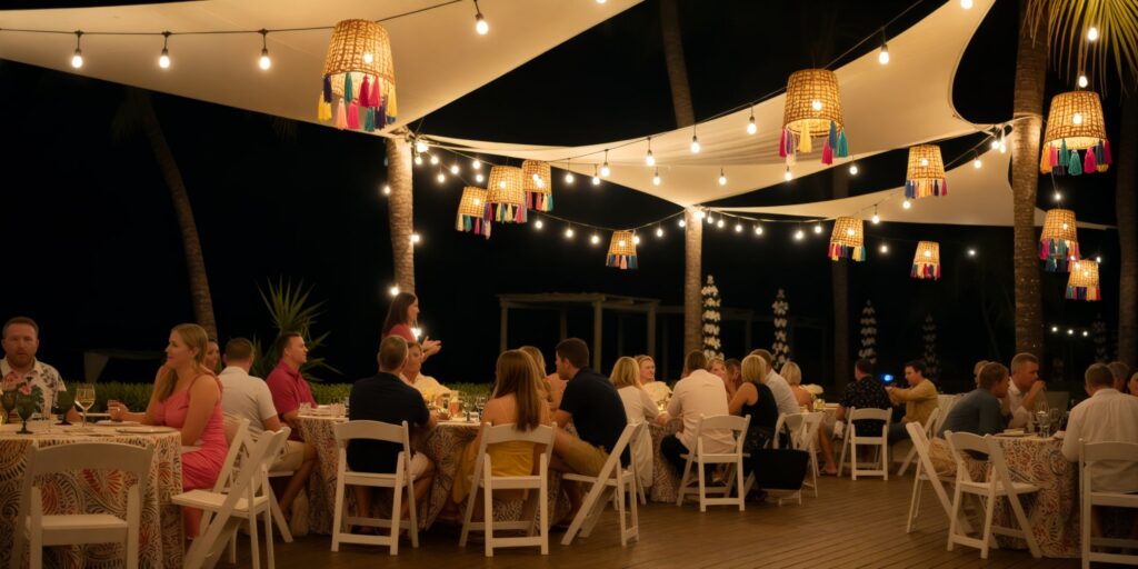 Evening wedding reception on Lola Deck with string lights and canopy at Hyatt Zilara Riviera Maya