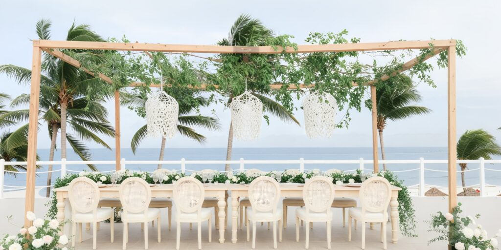 Lola Rooftop wedding reception setup with ocean views and pergola décor at Hyatt Zilara Riviera Maya