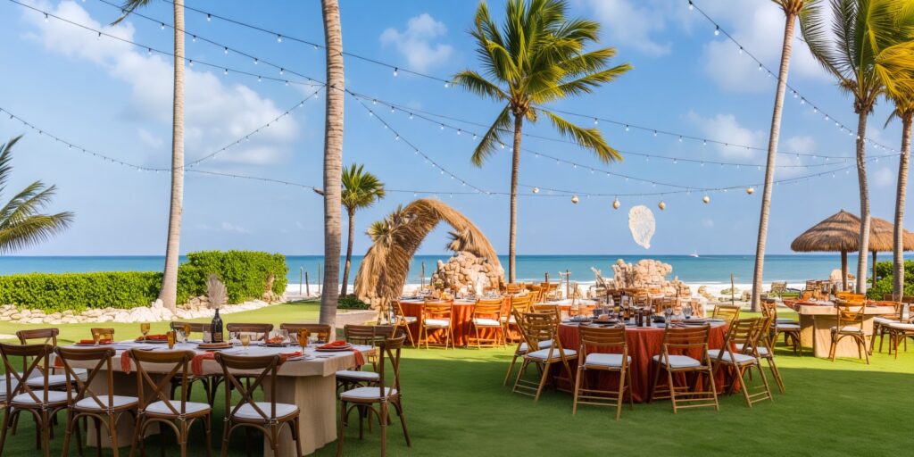 Oceanfront garden gazebo wedding reception setup with palm trees at Hyatt Zilara Riviera Maya