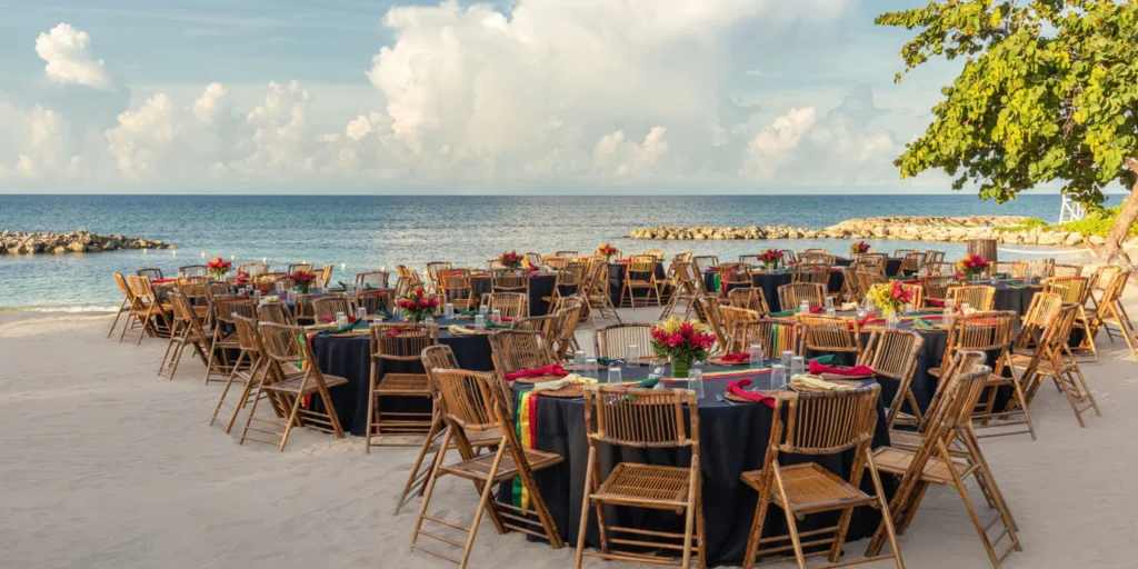 Elegant beachfront reception setup at Hyatt Zilara Rose Hall with round dining tables, tropical floral centerpieces, and panoramic Caribbean Sea views.