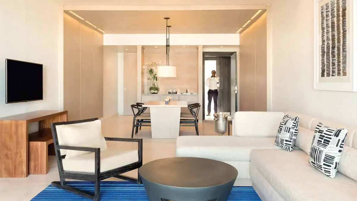 Oceanfront Grand Butler Suite living area with lounge seating and oceanfront accommodations at Hyatt Zilara Rose Hall.