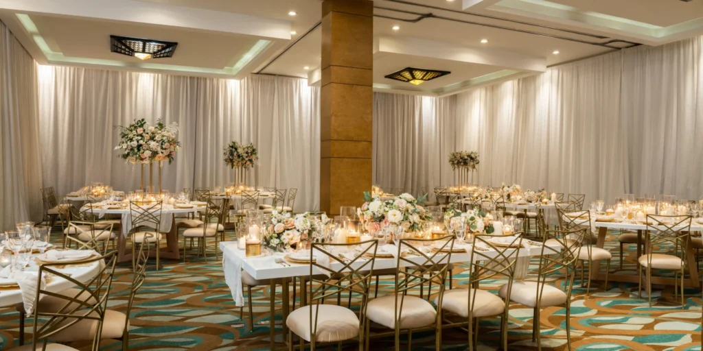 Elegant ballroom reception venue with candlelit tables at Hyatt Ziva Los Cabos.