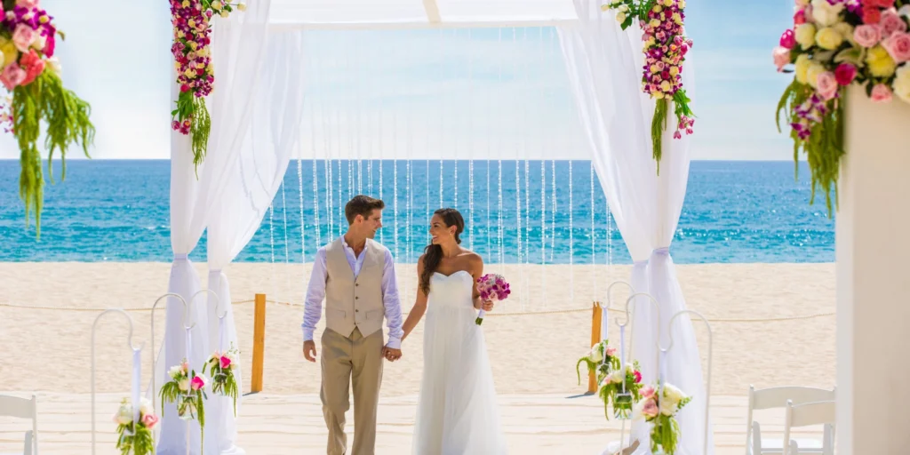 Romantic beachfront wedding ceremony beneath a floral gazebo at Hyatt Ziva Los Cabos.