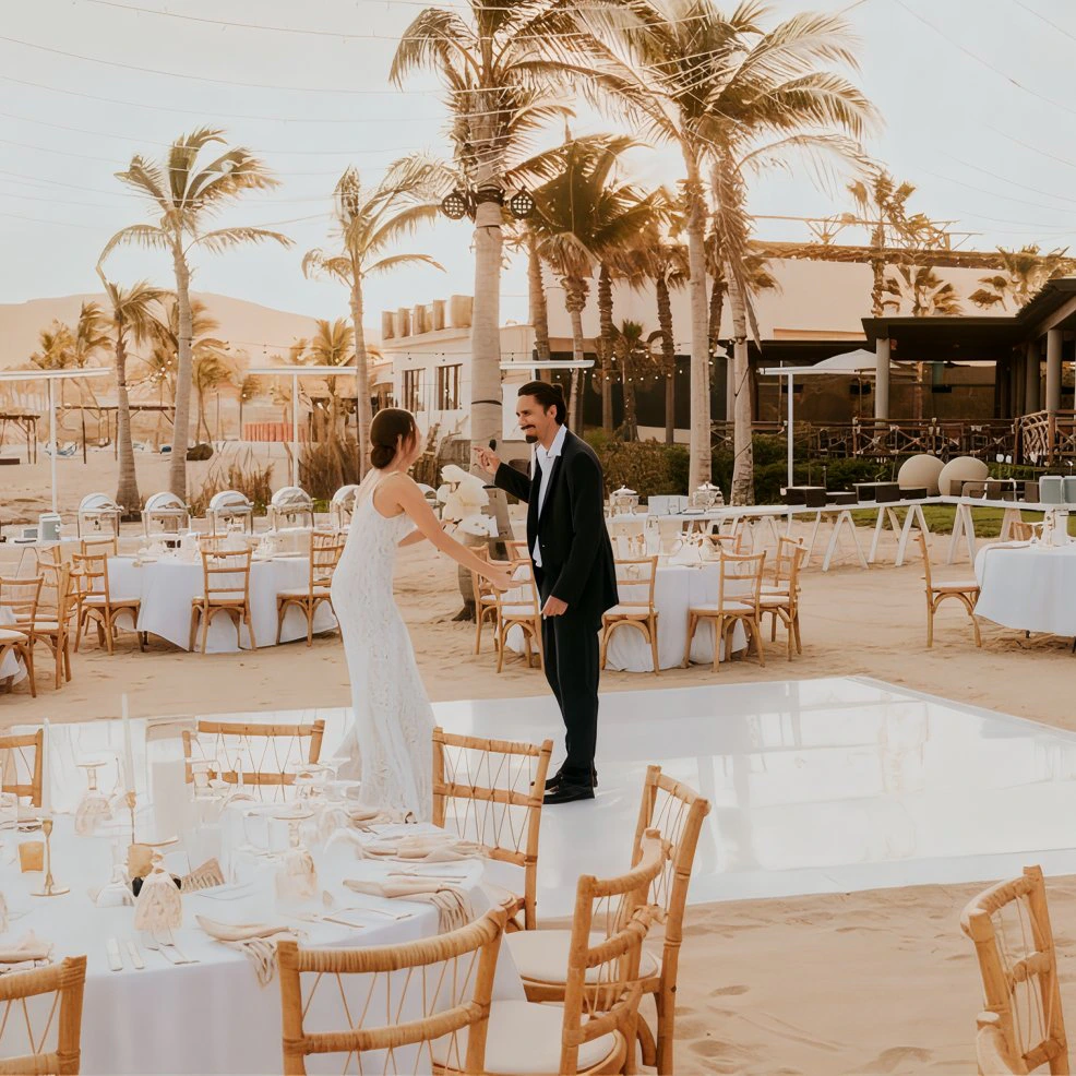 Beachfront wedding reception setup at Cortez Beach Venue at Hyatt Ziva Los Cabos.
