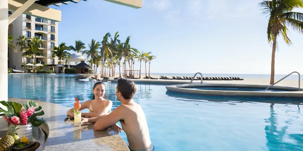 Couple relaxing with cocktails at the infinity pool overlooking the Sea of Cortez at Hyatt Ziva Los Cabos.