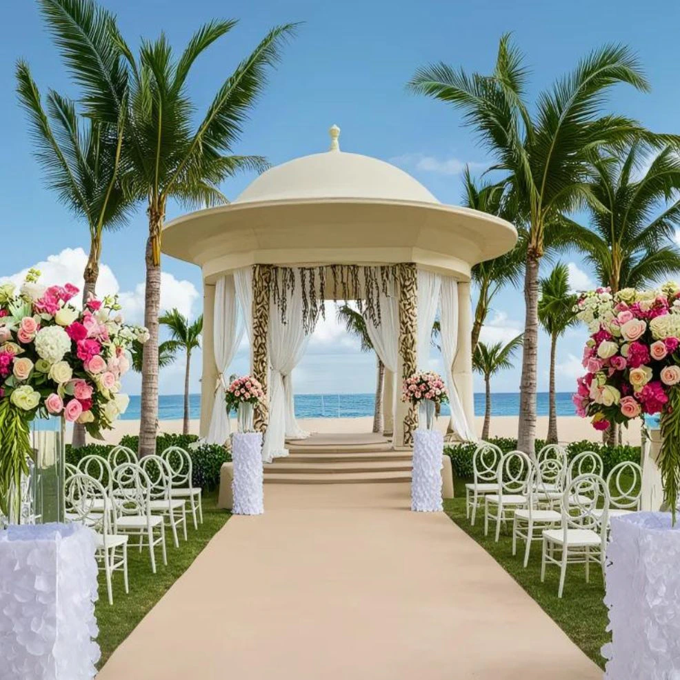 Elegant oceanfront wedding gazebo ceremony setup at Hyatt Ziva Los Cabos with tropical flowers and Sea of Cortez views.