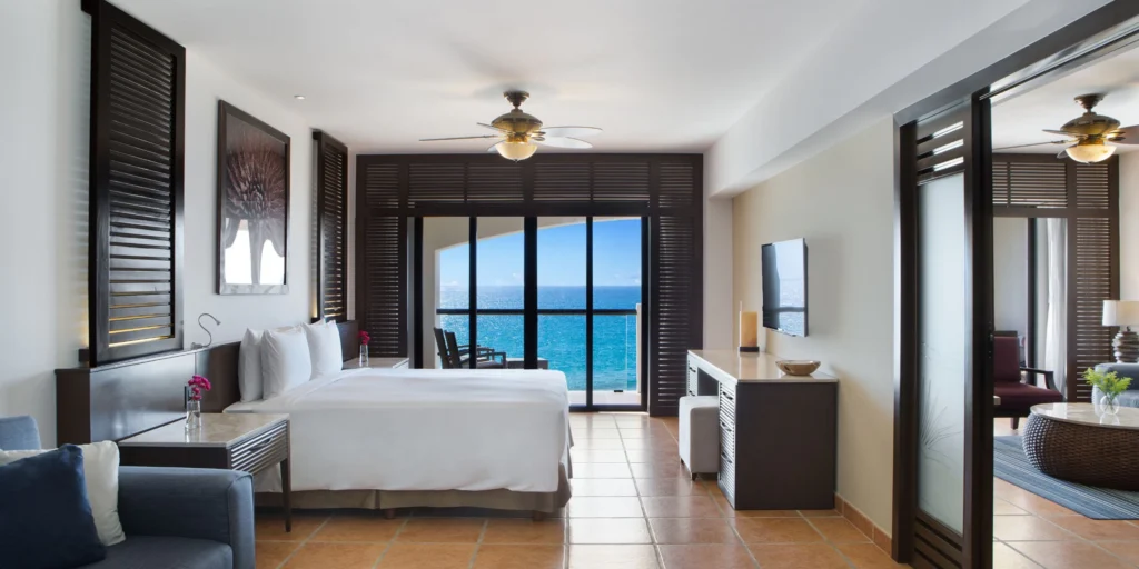 Spacious oceanfront suite with private balcony overlooking the Sea of Cortez at Hyatt Ziva Los Cabos.
