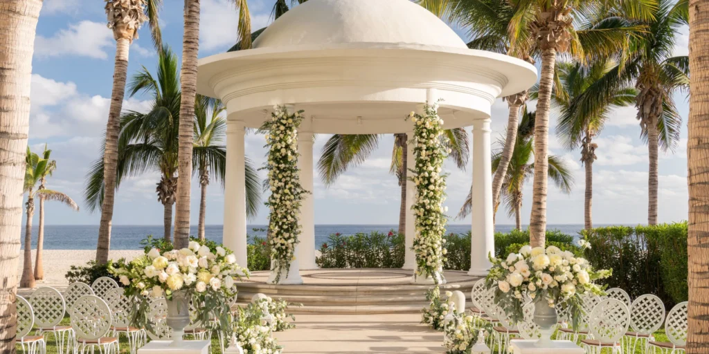 Decorated white wedding gazebo overlooking the Sea of Cortez at Hyatt Ziva Los Cabos.