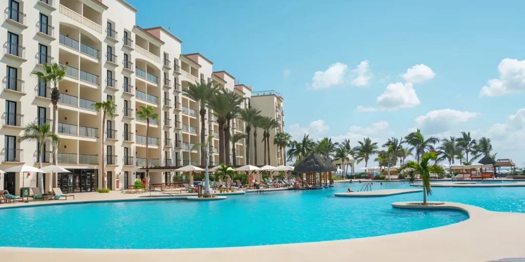 Expansive swimming pool with palm trees and luxury accommodations at Hyatt Ziva Los Cabos.