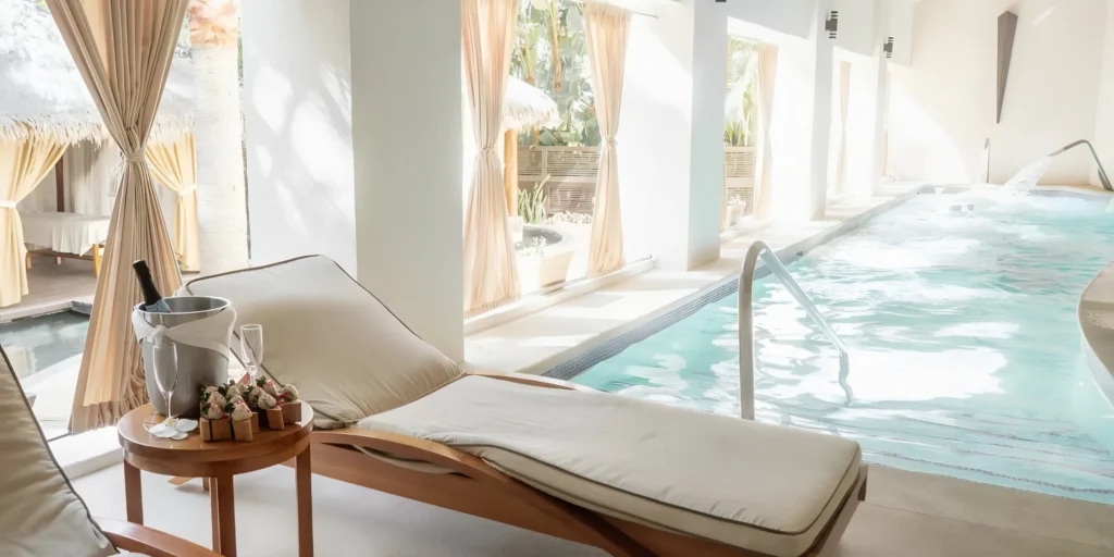 Relaxation lounge and hydrotherapy pool at the spa inside Hyatt Ziva Los Cabos.