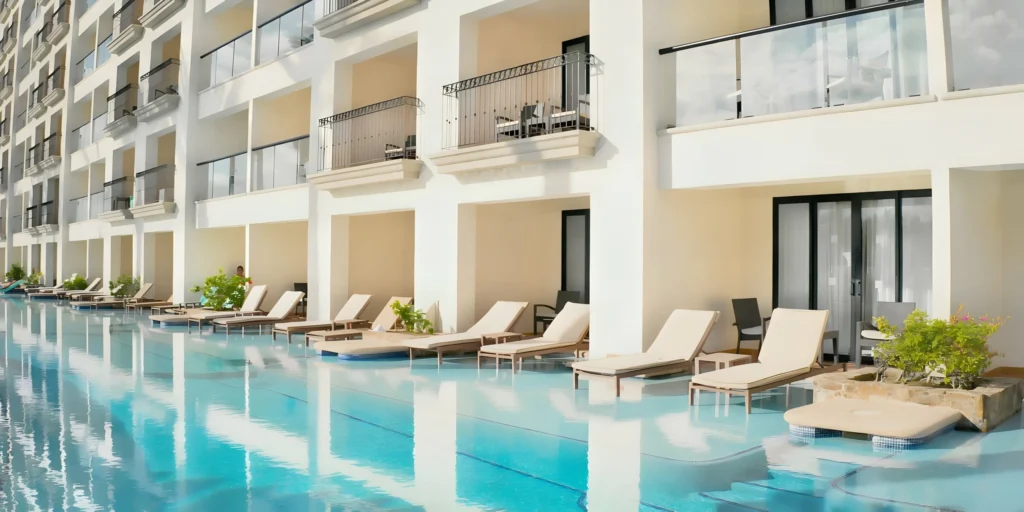 Swim-up guest rooms with private terrace access to the pool at Hyatt Ziva Los Cabos.
