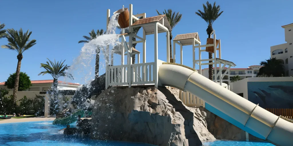 Children's water park with slides and splash features at Hyatt Ziva Los Cabos.