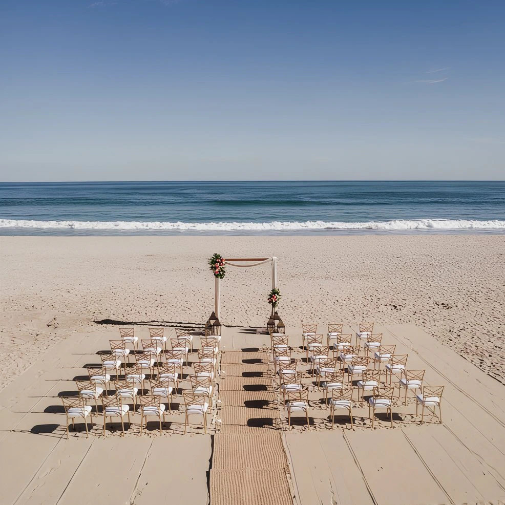Beach ceremony setup at Zaffiro Beach Venue at Hyatt Ziva Los Cabos overlooking the Sea of Cortez.