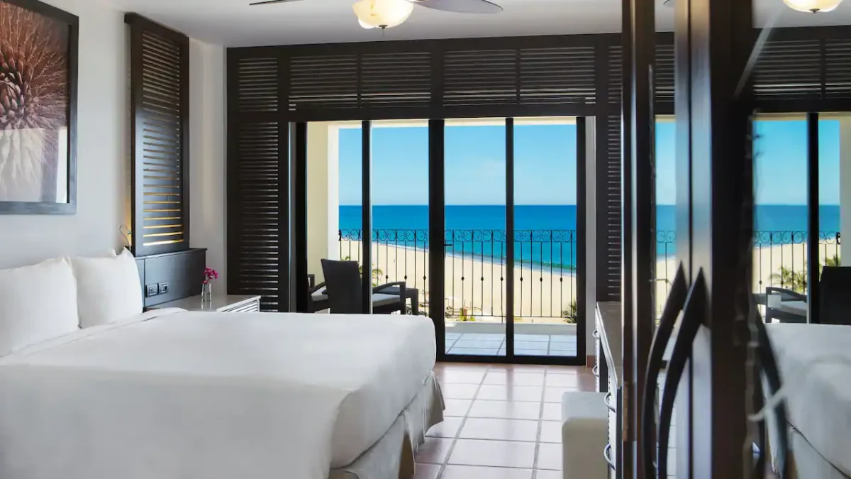 Oceanfront Double room with two double beds, Juliet balcony, and oceanfront views at Hyatt Ziva Los Cabos.