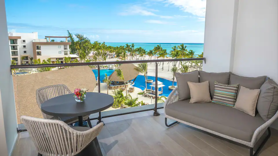 Private balcony with ocean views at the Club Ocean View Junior Suite King at Hyatt Ziva Cap Cana.