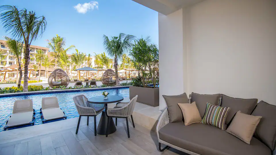 Junior Suite Swim-Up King terrace with semi-private pool access at Hyatt Ziva Cap Cana.