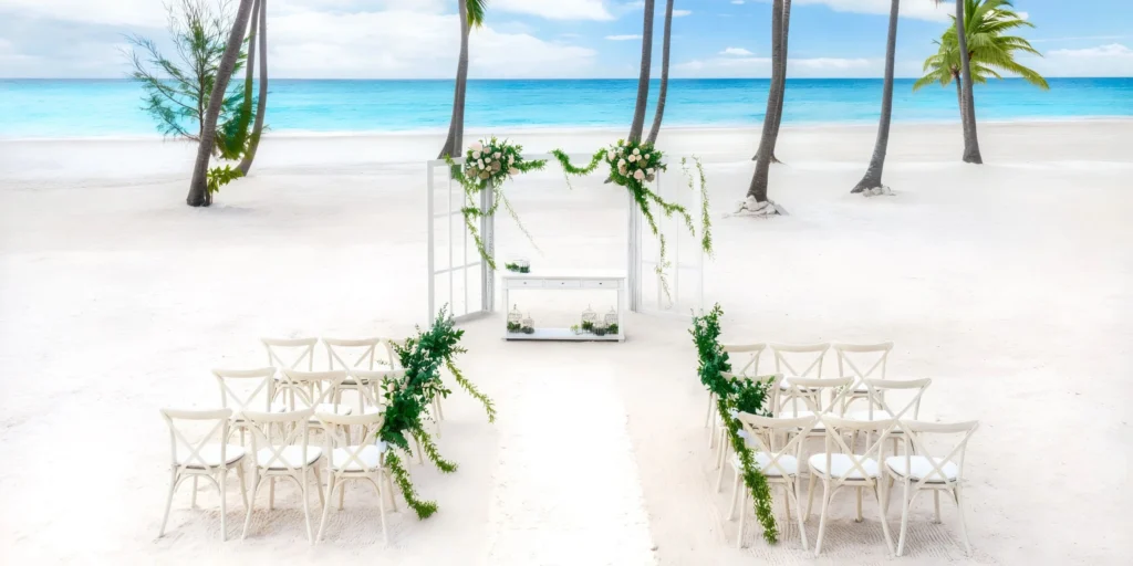Ziva Beach oceanfront wedding setup on the white-sand beach at Hyatt Ziva Cap Cana