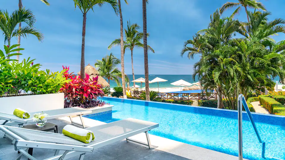 Club Ocean View Swim-Up Suite terrace with semi-private pool and ocean views at Hyatt Ziva Puerto Vallarta.