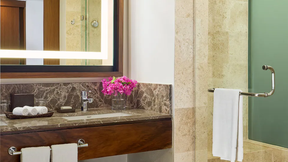 Ocean View King bathroom with illuminated vanity and walk-in shower at Hyatt Ziva Puerto Vallarta.