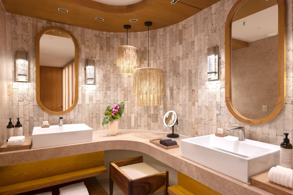 Junior Suite Double Ocean View bathroom with double sinks and modern design at Impression Isla Mujeres by Secrets.