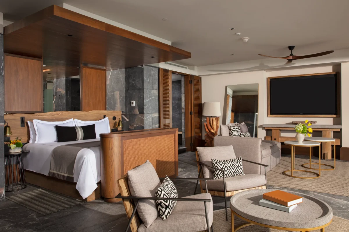 Master Suite Ocean Front king bedroom with modern décor at Impression Moxché by Secrets.