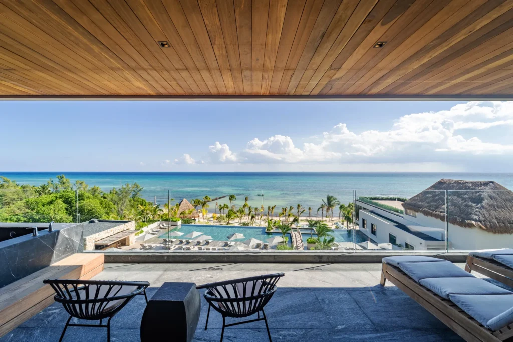Master Suite Ocean Front private terrace with soaking tub overlooking the Caribbean at Impression Moxché by Secrets.