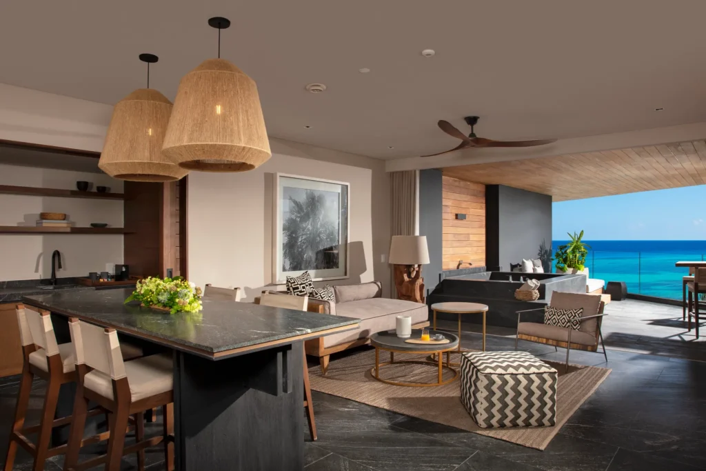 Master Suite Ocean View spacious living room with kitchenette at Impression Moxché by Secrets.