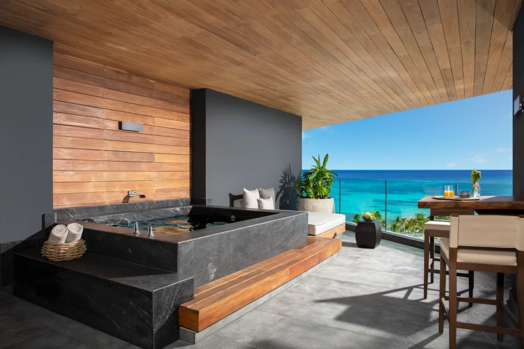 Master Suite Ocean View private terrace with outdoor soaking tub overlooking the Caribbean at Impression Moxché by Secrets.