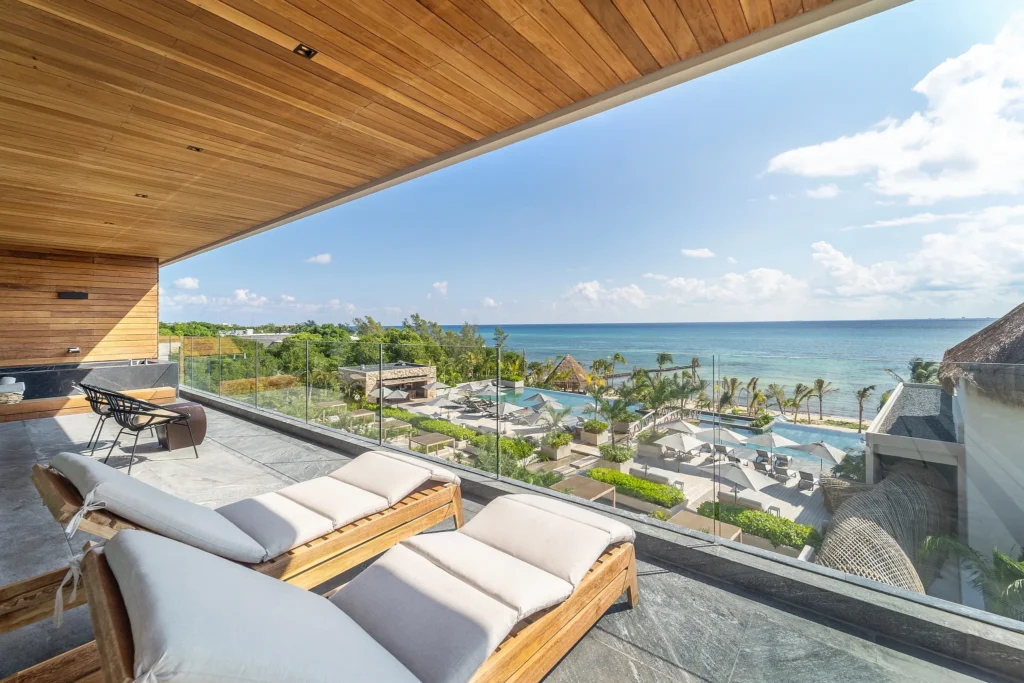 Panoramic Suite Ocean Front private terrace with soaking tub and Caribbean views at Impression Moxché by Secrets.