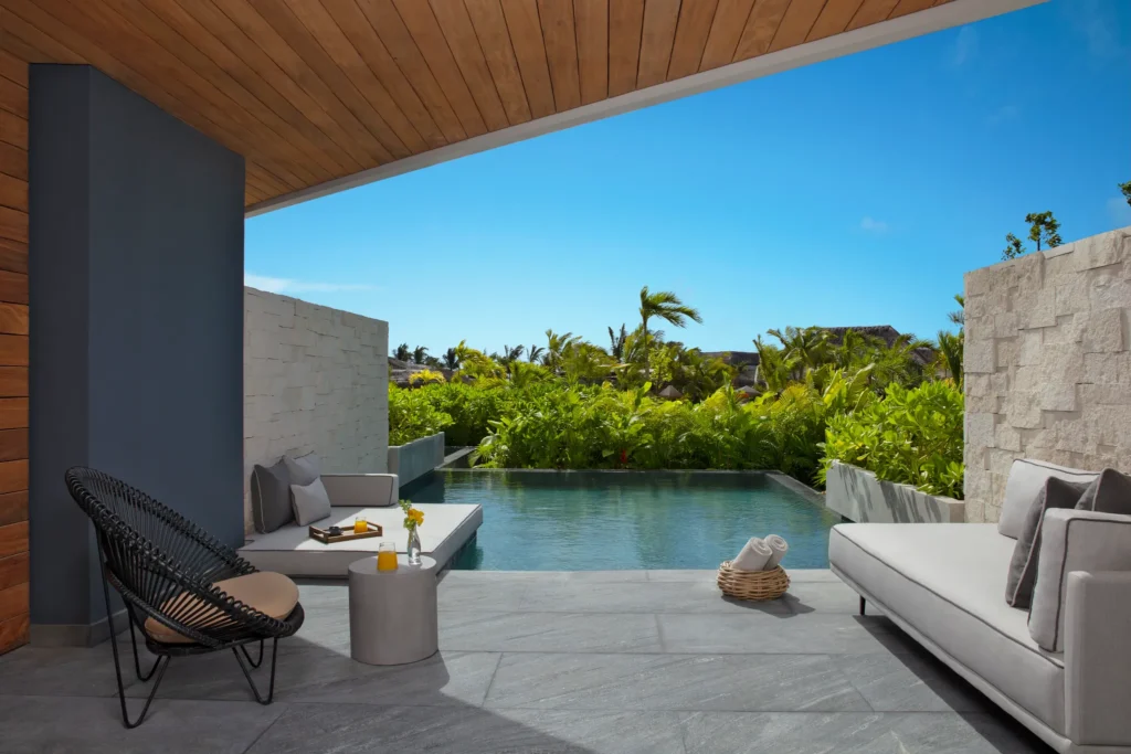 Signature Swimout Suite Tropical View private terrace with plunge pool at Impression Moxché by Secrets.