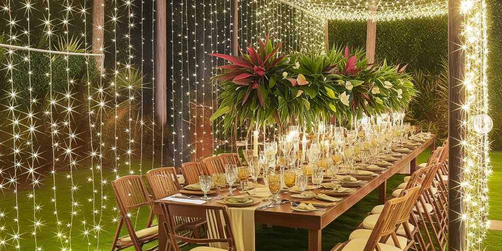 Sea Side Garden reception setup with long banquet table and string lights at Secrets Akumal Riviera Maya