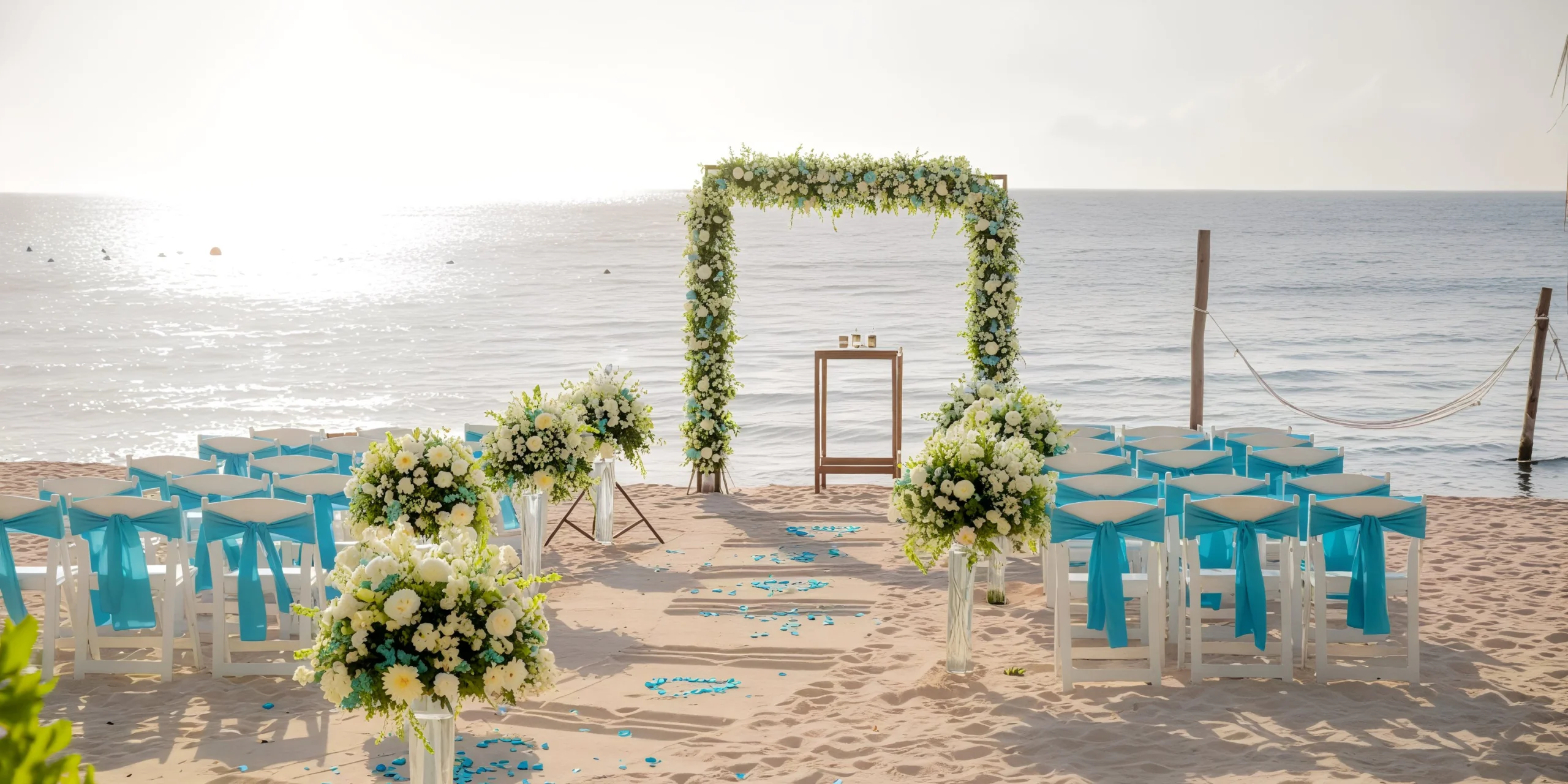 Beach wedding ceremony setup with floral arch at Secrets Aura Cozumel