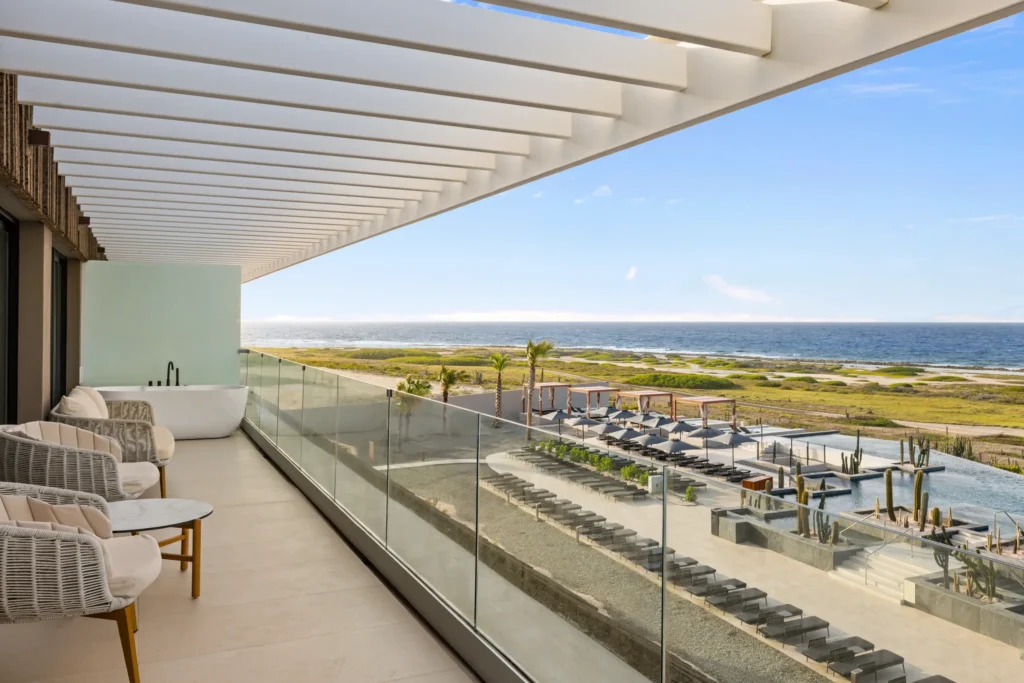 Preferred Club Presidential Suite Ocean View terrace with private hot tub at Secrets Baby Beach Aruba.