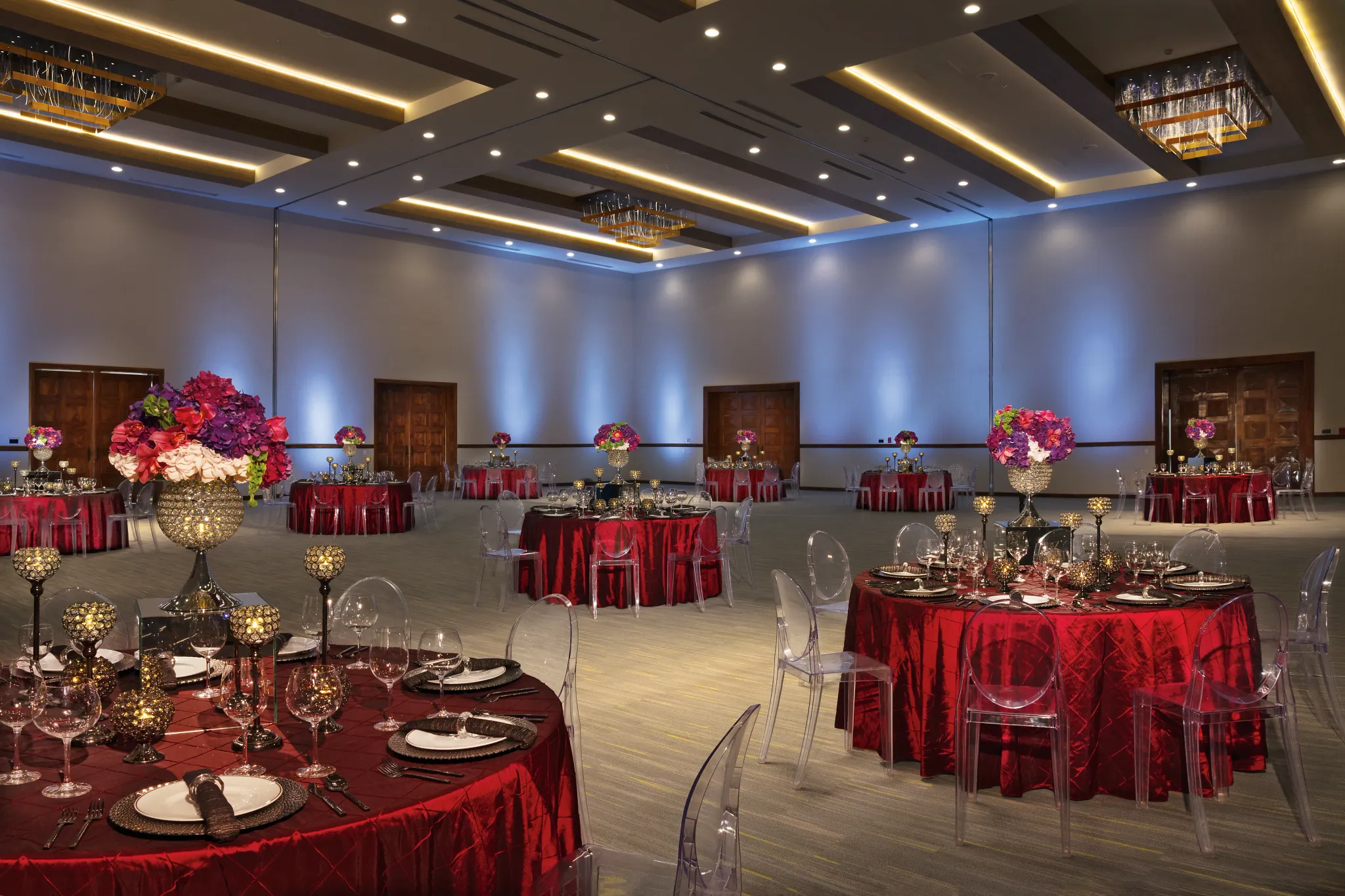 Elegant ballroom gala venue setup for wedding receptions at Secrets Puerto Los Cabos