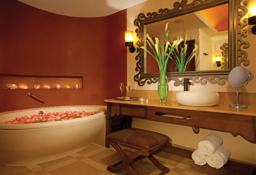 Preferred Club Junior Suite Ocean Front bathroom with soaking tub and double vanity at Secrets Puerto Los Cabos.
