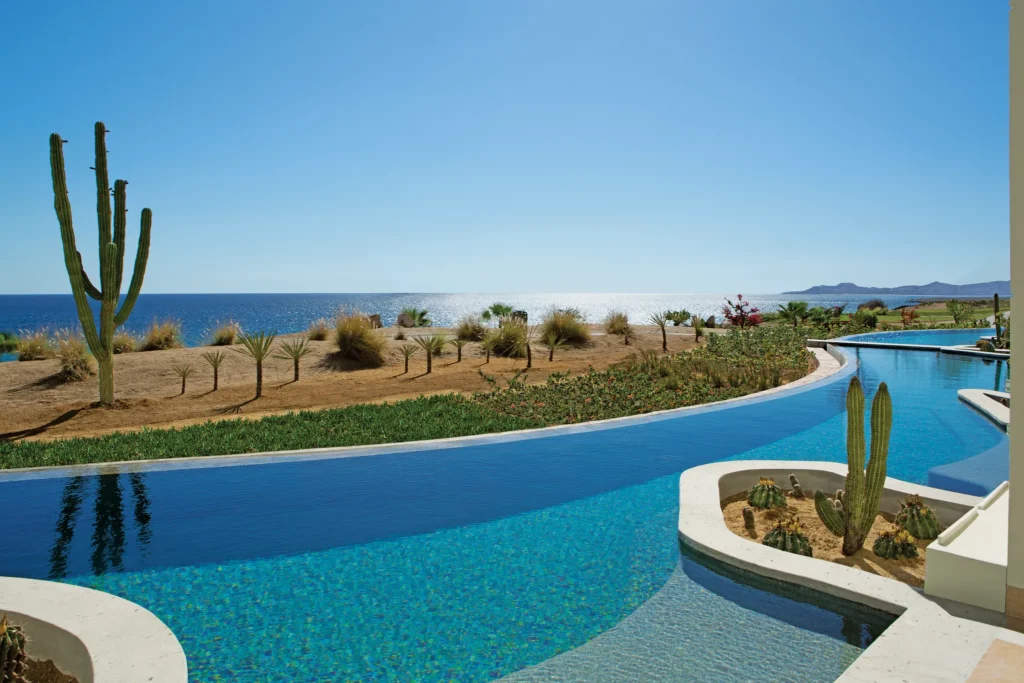 Presidential Suite Swim Out oceanfront pool with desert landscaping at Secrets Puerto Los Cabos Golf & Spa Resort.
