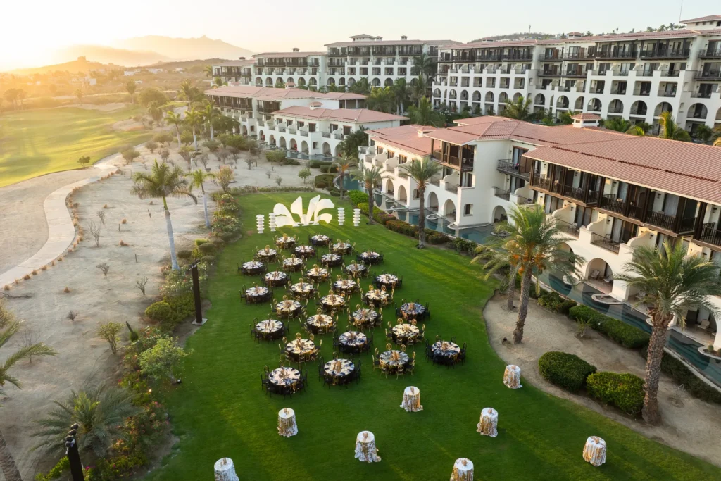 Aerial view of West Garden wedding reception setup at Secrets Puerto Los Cabos