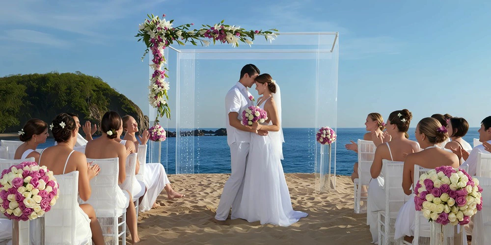 Beach wedding venue at Secrets Huatulco Resort & Spa with oceanfront ceremony setup on Conejos Bay