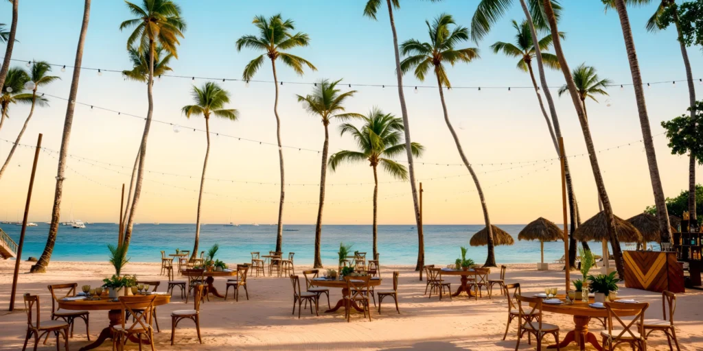 Beachfront wedding reception setup with palm trees at Secrets La Romana Resort & Spa