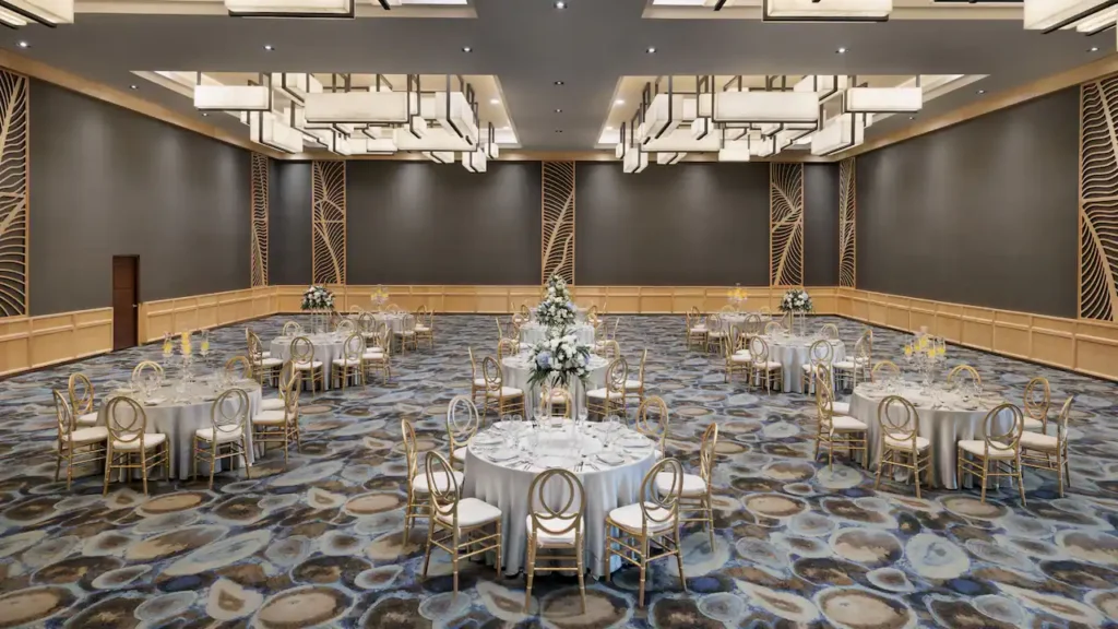 Elegant ballroom event setup with round tables at Secrets La Romana Resort & Spa.