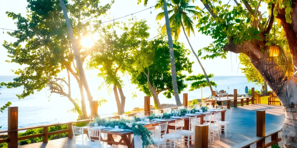 Seaside Deck oceanfront dinner reception setup at Secrets La Romana Resort & Spa